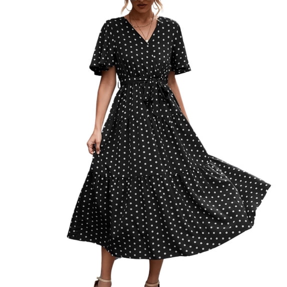 SWSMCLT Women's Vintage Fall Ruched Cotton Summer Dresses Long Sundress V Neck Short Sleeve Casual Dress Black X-Large