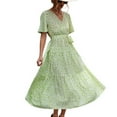 thumbnail image 1 of SWSMCLT Women's Vintage Fall Ruched Cotton Summer Dresses Long Sundress V Neck Short Sleeve Casual Dress Light Green Large, 1 of 4