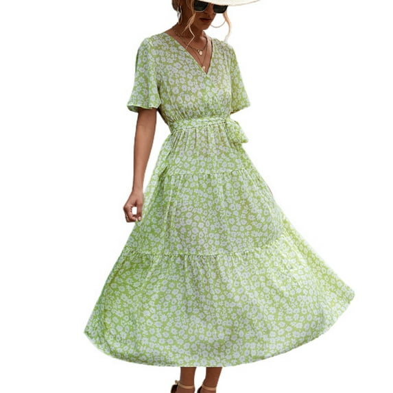 SWSMCLT Women's Vintage Fall Ruched Cotton Summer Dresses Long Sundress V Neck Short Sleeve Casual Dress Light Green Large