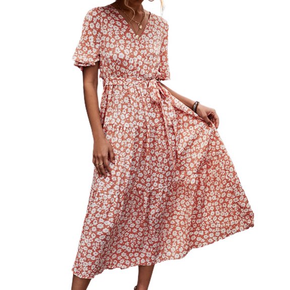 SWSMCLT Women's Vintage Fall Ruched Cotton Summer Dresses Long Sundress V Neck Short Sleeve Casual Dress Orange Small