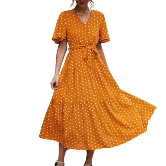 SWSMCLT Women's Vintage Fall Ruched Cotton Summer Dresses Long Sundress V Neck Short Sleeve Casual Dress Yellow Medium
