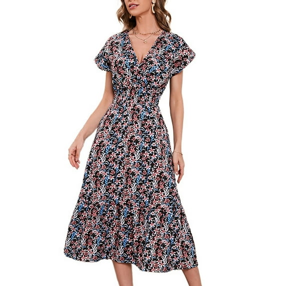 SWSMCLT Women's Vintage Fitted Wrap Long Dress Short Sleeve Dress Floral Printed V Neck Ruffle Fall Holiday Swing Dress Black Large