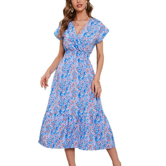 SWSMCLT Women's Vintage Fitted Wrap Long Dress Short Sleeve Dress Floral Printed V Neck Ruffle Fall Holiday Swing Dress Blue XX-Large