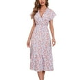 thumbnail image 1 of SWSMCLT Women's Vintage Fitted Wrap Long Dress Short Sleeve Dress Floral Printed V Neck Ruffle Fall Holiday Swing Dress Pink Small, 1 of 4