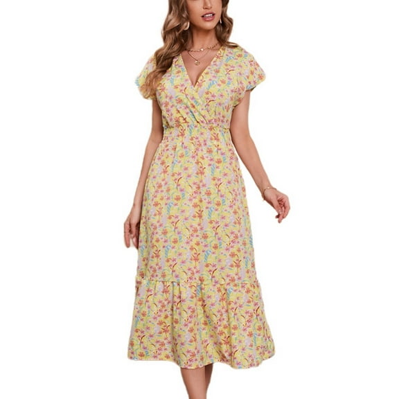 SWSMCLT Women's Vintage Fitted Wrap Long Dress Short Sleeve Dress Floral Printed V Neck Ruffle Fall Holiday Swing Dress Yellow X-Large