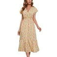 thumbnail image 1 of SWSMCLT Women's Vintage Fitted Wrap Long Dress Short Sleeve Dress Floral Printed V Neck Ruffle Fall Holiday Swing Dress Yellow XX-Large, 1 of 4