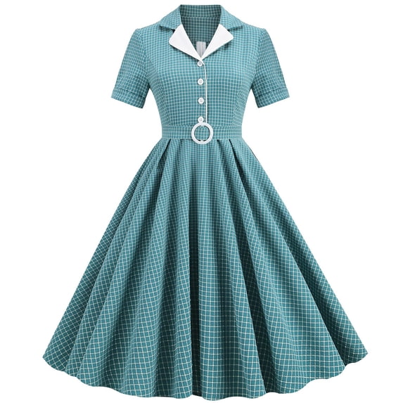 SWSMCLT Women's Vintage Midi Dresses Casual A Line Short Sleeve Ruched Stretch Dress Summer Sundress Green Large