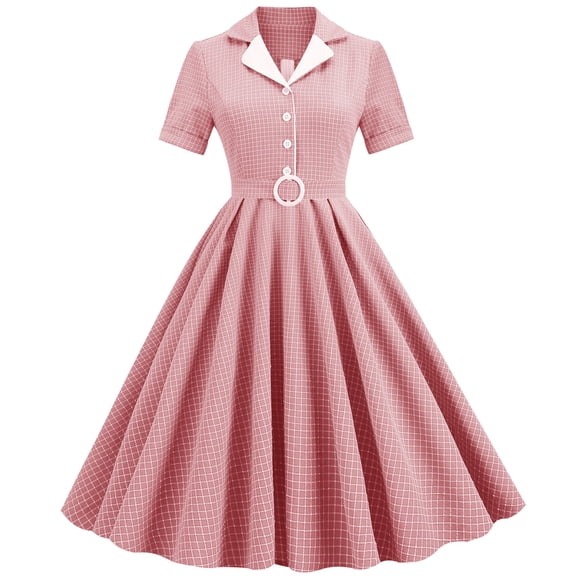 SWSMCLT Women's Vintage Midi Dresses Casual A Line Short Sleeve Ruched Stretch Dress Summer Sundress Pink Medium