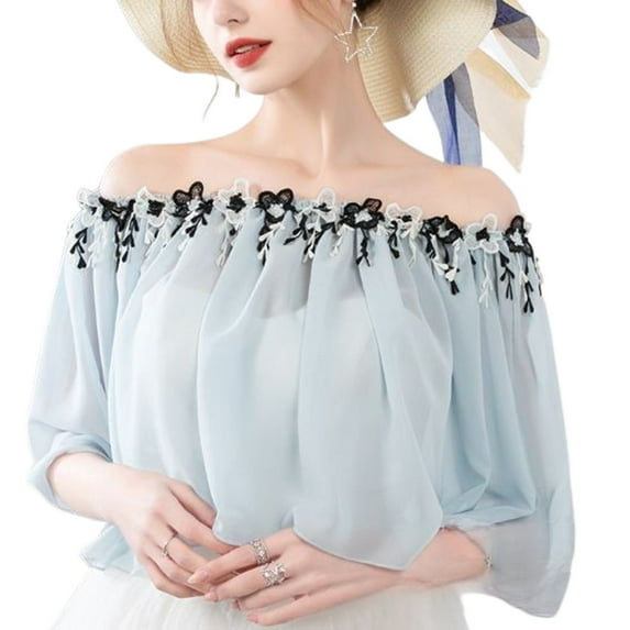 SWSMCLT Women's Vintage Shrug Bolero Sheer Cape Ruched Top Off The Shoulder Shawls and Wraps Bridal Chiffon Wedding Open Back Capelet Grey Blue Small-Large