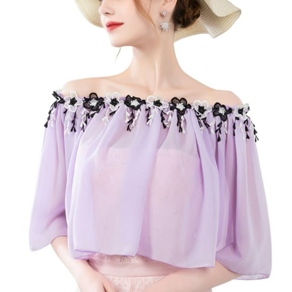 SWSMCLT Women's Vintage Shrug Bolero Sheer Cape Ruched Top Off The Shoulder Shawls and Wraps Bridal Chiffon Wedding Open Back Capelet Purple Small-Large