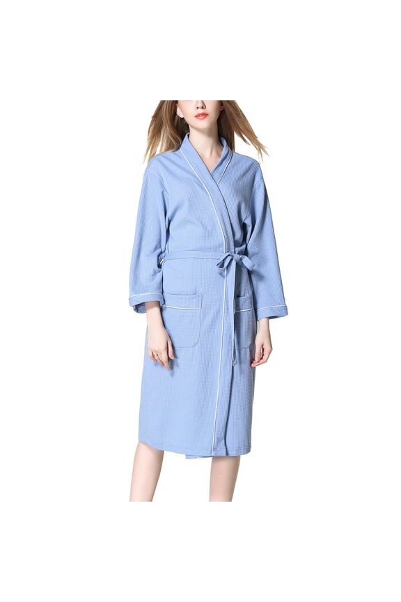 Women's Waffle Robes Lightweight Long Sleeve Knit Knitted Wave Mid Length Bathrobe Belted Spa Robe with Pocket Sleepwear Tie Up Pure Light Blue Large