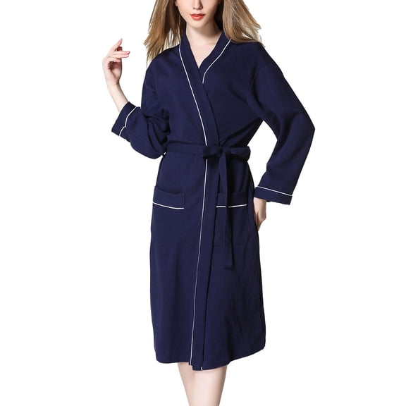 SWSMCLT Women's Waffle Robes Lightweight Long Sleeve Knit Knitted Wave Mid Length Bathrobe Belted Spa Robe with Pocket Sleepwear Tie Up Pure Navy Small