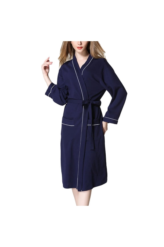SWSMCLT Women's Waffle Robes Lightweight Long Sleeve Knit Knitted Wave Mid Length Bathrobe Belted Spa Robe with Pocket Sleepwear Tie Up Pure Navy Small