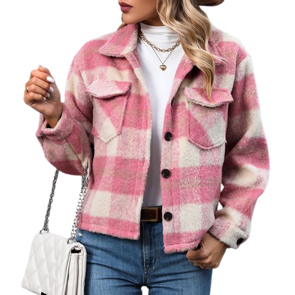 SWSMCLT Women's Warm Coat Plaid Printed Outerwear Casual Long Sleeve Topcoats Trendy Western Short Jacket Winter Button Down Pink Medium