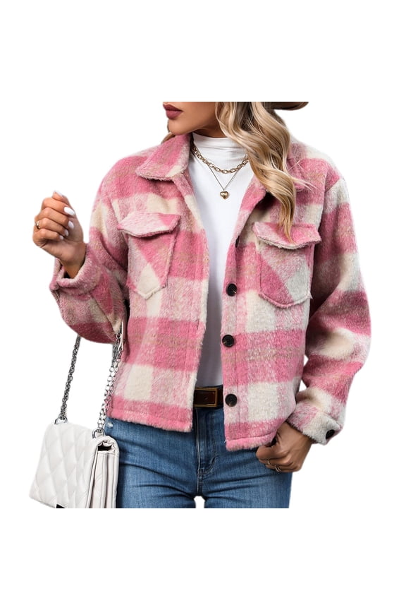 Women's Warm Coat Plaid Printed Outerwear Casual Long Sleeve Topcoats Trendy Western Short Jacket Winter Button Down Pink XX-Large