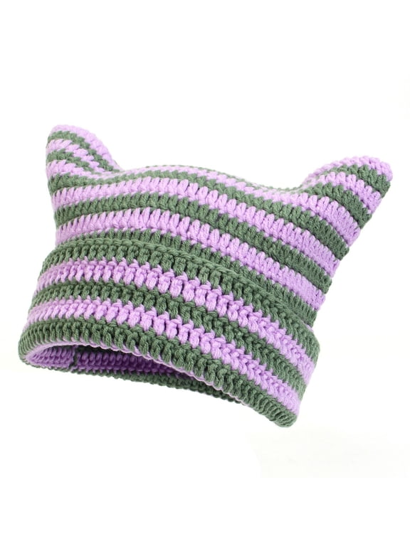 Women's Warm Fashion Lined Winter Classic Casual Knit Winter Hat Cat Beanie Fall Cute Basic Beanie Hat Purple Green One Size