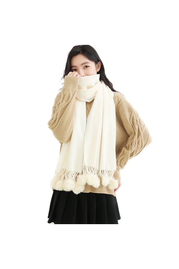 Women's Warm Scarf Cute Winter Scarves Fall Soft Fashion Pashmina with Pom Pom Trim Travel Fringe Shawls and Wraps Spring Dinner Lightweight Beige One Size