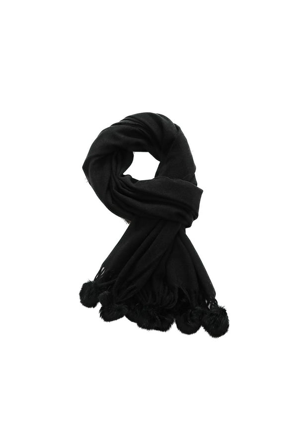 Women's Warm Scarf Cute Winter Scarves Fall Soft Fashion Pashmina with Pom Pom Trim Travel Fringe Shawls and Wraps Spring Dinner Lightweight Black One Size