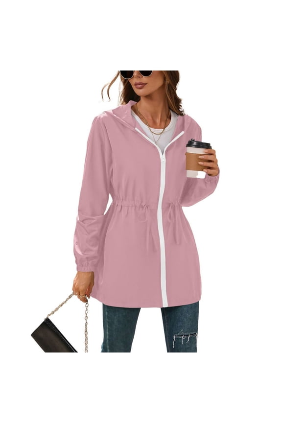 Women's Waterproof Hooded Windbreaker Jackets Slimming Long Sleeve Anorak Hiking Fashion Full Zip Mid Thigh Coat Pink Large