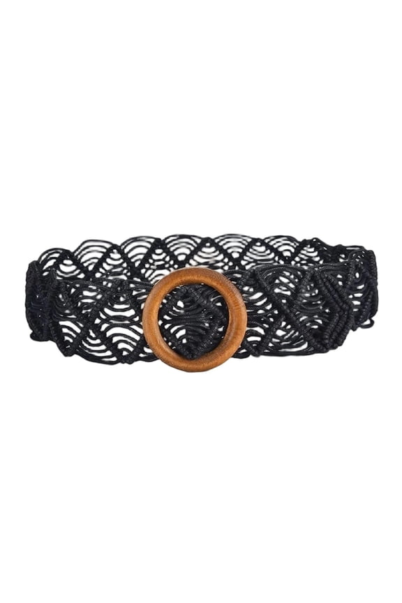 Women's Wide Woven Braided Raffia Belt Summer Black X-Small-Large