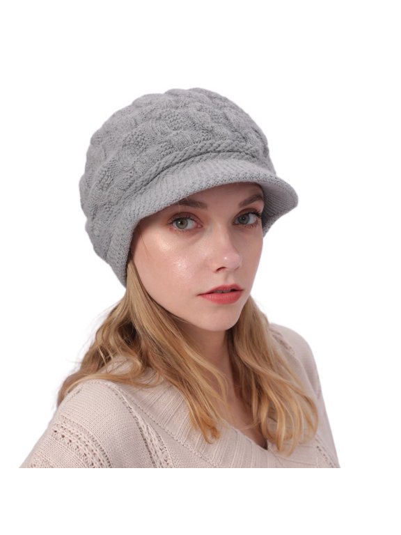 Women's Winter Beanie Hat Knit Hats Snow Knitted Ski Cap with Brim Warm Slouchy Wool Light Grey One Size