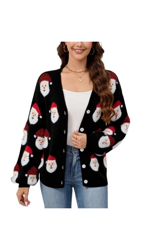 Women's Winter Cardigan Sweater Soft Fall Spring Xmas Thin V Neck Drop Shoulder Button Deep Cardigan Sweater Black Medium