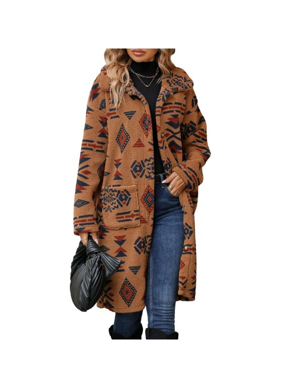 Women's Winter Coat Long Top Fashion Outerwear Fuzzy Long Sleeve Cute Boho Fall Date Night Drop Shoulder Umber Large