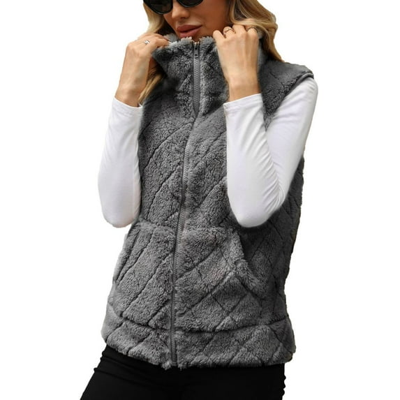 SWSMCLT Women's Winter Fuzzy Outwear Date Night Tank Top Vest Fleece Plush Cute Coat Fuzzy Zip Fashion Spring Fall Warm Full Zip Grey Medium