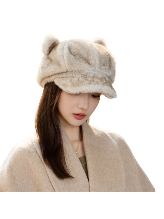 Women's Winter Hat Cute Baseball Hat Snow Spring Fashion Fall Faux Fur Date Night Cozy Pull On Regular Fit Cap Beige One Size