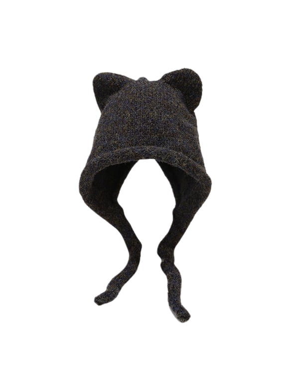 Women's Winter Hat Knit Hat Cute Cat Warm Thick Casual Earflap Fashion Beanie Hat Ear Flaps Fall Soft Black One Size