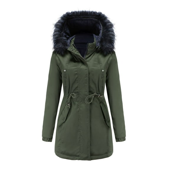 SWSMCLT Women's Winter Parka Coat Fall Parka Hood Pocket Coats Snow Casual Long Sleeve Zipper Snap On Detachable Army Green 0-2
