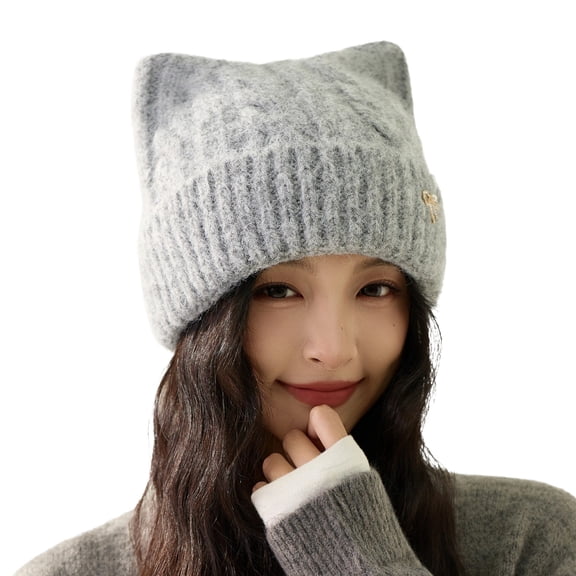 SWSMCLT Women's Winter Skull Cap Cat Beanie Warm Soft Fashion Knit Casual Bow Cute Thick Spring Date Night Hat Grey One Size