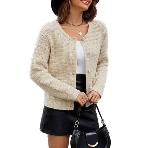 SWSMCLT Women's Winter Sweater Long Sleeve Soft Crewneck Coat Cardigan Knit Warm Button Up Vintage Oversized Apricot Medium