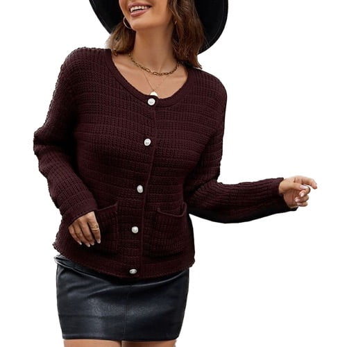 SWSMCLT Women's Winter Sweater Long Sleeve Soft Crewneck Coat Cardigan Knit Warm Button Up Vintage Oversized Burgundy Large