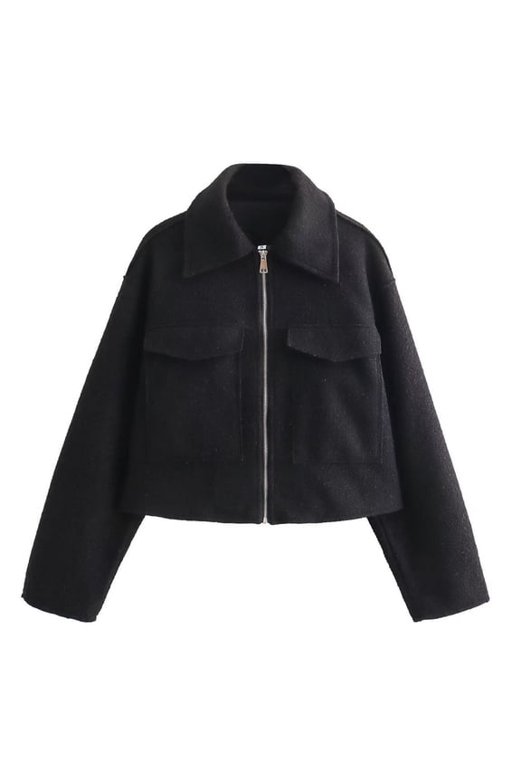 Women's Wool Brushed Coats Adorable Full Zip Date Soft Casual Coat Outerwear Cold Weather Flap Pocket Black X-Small