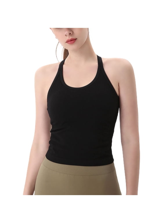 Women's Workout Top Running Tight Short Scoop Neck Tank Top Vest Soft Fitted Spandex Backless Summer Black Large