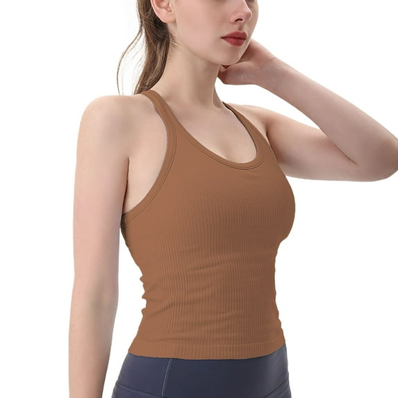 SWSMCLT Women's Workout Top Running Tight Short Scoop Neck Tank Top Vest Soft Fitted Spandex Backless Summer Brown Small
