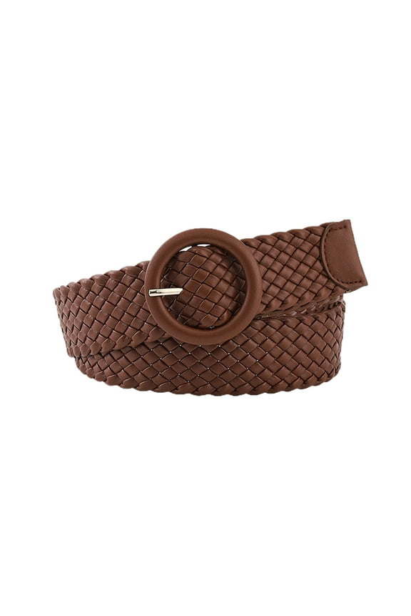 Women's Woven Belt O Ring Round Buckle Braided Web Belt Cute Holeless Fashion Casual Faux Leather Weave Belt For Dress Coffee One Size