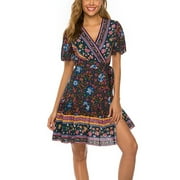 SWSMCLT Womens Wrap Dress Boho Dresses Short Sleeve Ruffle Date Night Fitted Sundress Summer A Line Fall Navy 4-6