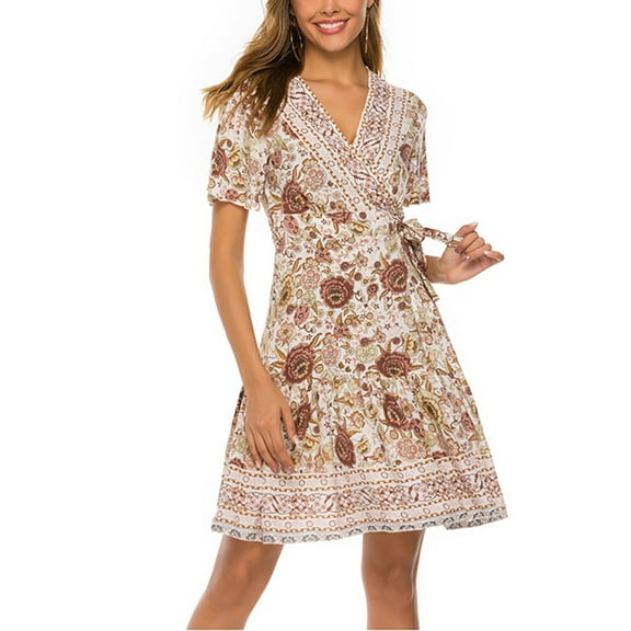 SWSMCLT Women's Wrap Dress Boho Dresses Short Sleeve Ruffle Date Night Fitted Sundress Summer A Line Fall Pink 14