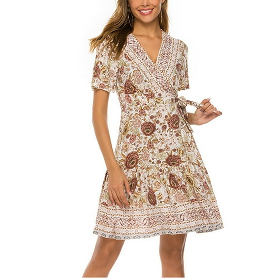 SWSMCLT Women's Wrap Dress Boho Dresses Short Sleeve Ruffle Date Night Fitted Sundress Summer A Line Fall Pink 14