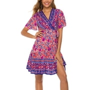 SWSMCLT Womens Wrap Dress Boho Dresses Short Sleeve Ruffle Date Night Fitted Sundress Summer A Line Fall Rose 8