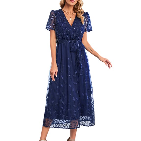 SWSMCLT Women's Wrap Dress Short Sleeve Summer Evening Gown Dresses Long High Waist V Neck Puff Sleeve Vintage Blue Large