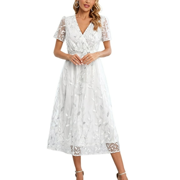 SWSMCLT Women's Wrap Dress Short Sleeve Summer Evening Gown Dresses Long High Waist V Neck Puff Sleeve Vintage White Large