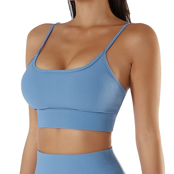 SWSMCLT Women's Yoga Crop Top Summer Quick Dry Ribbed Fitted Gym Workout Camisole Shirt with Built-in Bra Push Up Support Padded Cami Sexy Blue 14