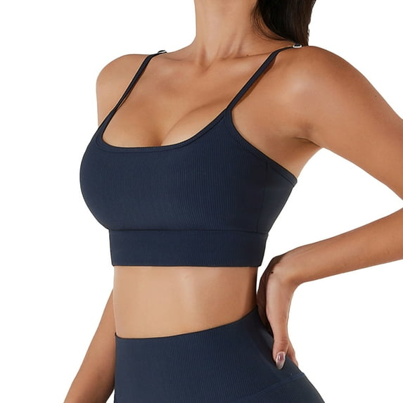 SWSMCLT Women's Yoga Crop Top Summer Quick Dry Ribbed Fitted Gym Workout Camisole Shirt with Built-in Bra Push Up Support Padded Cami Sexy Navy 12