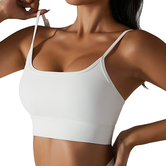 SWSMCLT Women's Yoga Crop Top Summer Quick Dry Ribbed Fitted Gym Workout Camisole Shirt with Built-in Bra Push Up Support Padded Cami Sexy White 10