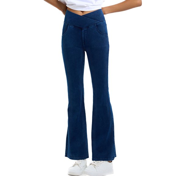 SWSMCLT Women's Yoga Jeans High Waisted Bootcut Denim Pant Pants Denim Elastic Waist Hiking Workout Stretch Blue Small