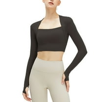 SWSMCLT Women's Yoga Workout Square Neck Crop Top Long Sleeve Yoga Shirt Soft Fashion Spandex Summer Basic Black Small