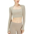 thumbnail image 1 of SWSMCLT Women's Yoga Workout Square Neck Crop Top Long Sleeve Yoga Shirt Soft Fashion Spandex Summer Basic Khaki Medium, 1 of 4